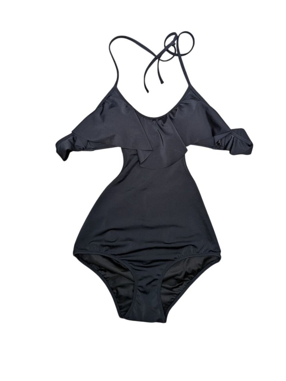 Victorias Secret Black Ruffle One-Piece Open Back Swimsuit XS Halter